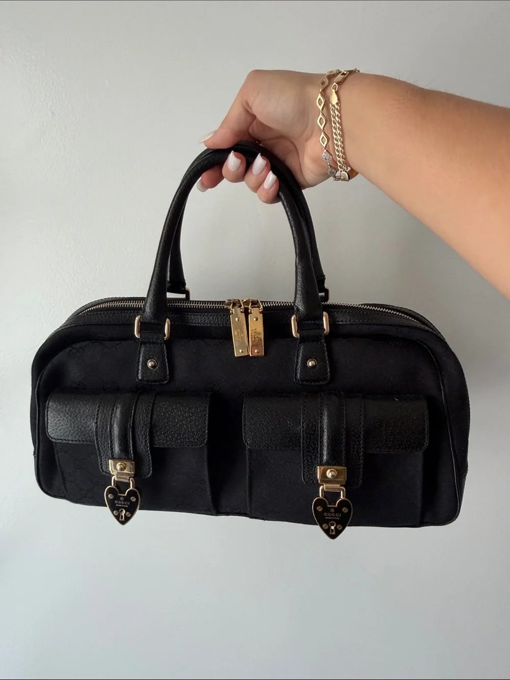 Gucci Black Satchel with Gold Hardware and Heart Lock Details
